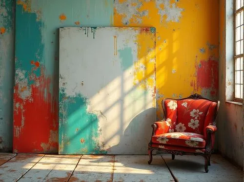 painted wall,armchair,color wall,old chair,waiting room,abandoned room,therapy room,wall paint,children's room,chair,rest room,sitting room,anteroom,interior decor,chairs,upholstery,painted block wall,children's bedroom,empty interior,blue room,Photography,General,Realistic