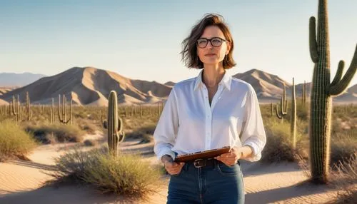 Nomadic architectural designer, mature lady, 35yo, short hair, glasses, minimal makeup, casual wear, white shirt, dark jeans, sneakers, laptop bag, standing, posing, desert landscape, sandy dunes, cle