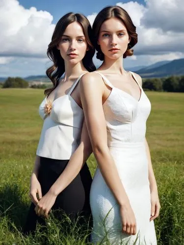 two women stand side by side in the grass,two women standing in the grass wearing dresses,milkmaids,porcelain dolls,cocorosie,celtic woman,shepherdesses,bodices