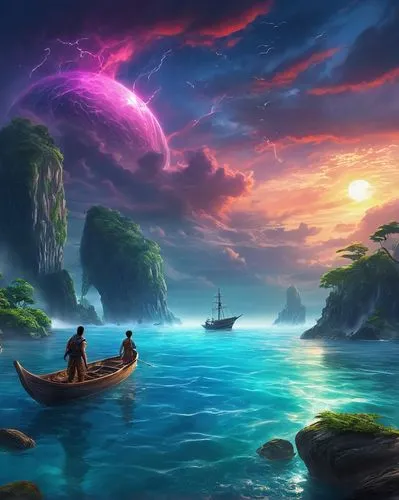 fantasy landscape,fantasy picture,landscape background,boat landscape,ocean background,fantasy art,cartoon video game background,mermaid background,world digital painting,an island far away landscape,full hd wallpaper,purple landscape,futuristic landscape,3d fantasy,realms,art background,beautiful wallpaper,floating islands,sea landscape,youtube background,Illustration,Realistic Fantasy,Realistic Fantasy 01