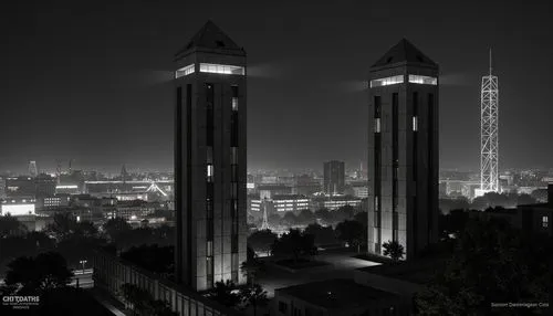 Monumental watchtowers, bold monochromatic color scheme, sleek minimalist design, industrial metal textures, geometric shapes, abstract patterns, urban cityscape, gritty concrete walls, modern avant-g