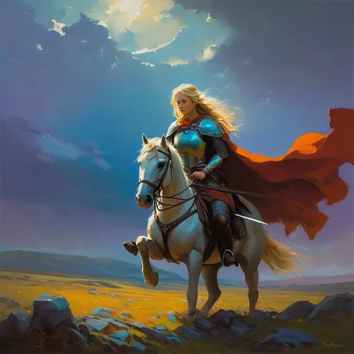 "Eowyn - Defender of Rohan 24"" x 30""  Oil on Panel  2011 private collection",joan of arc,heroic fantasy,horseback,a white horse,horseman,lone warrior,cavalry,fantasy picture,man and horses,horse her