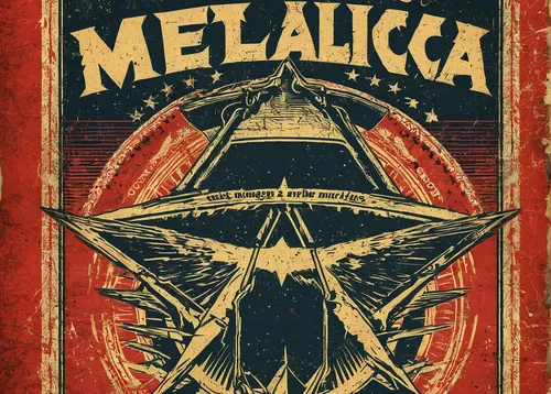 Design a vintage-inspired Metallica poster with a worn-out texture and retro typography.,aporonisu metallica,book cover,mystery book cover,media concept poster,vulcania,stellagama,poster mockup,cover,