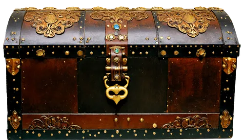 Old treasure chest, wooden, rusty metal bands, intricate carvings, adorned with jewels, gold coins spilling out, half-opened lid, dim lighting, mysterious atmosphere, ornate handle, worn leather strap