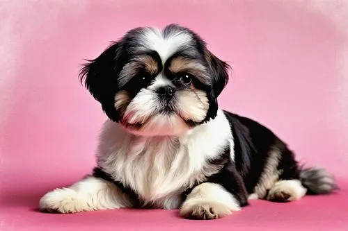 Shih Tzu, black and white, small dog, fluffy fur, cute face, big eyes, pink nose, sitting, crossed legs, paws together, adorable expression, simple background, plain wall, few ornaments, soft focus, g