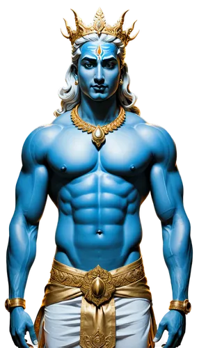 Hindu god Shiva, majestic, powerful, muscular male, blue skin, serpent around neck, third eye on forehead, intricately designed crown, flowing white hair, fierce expression, strong jawline, detailed m