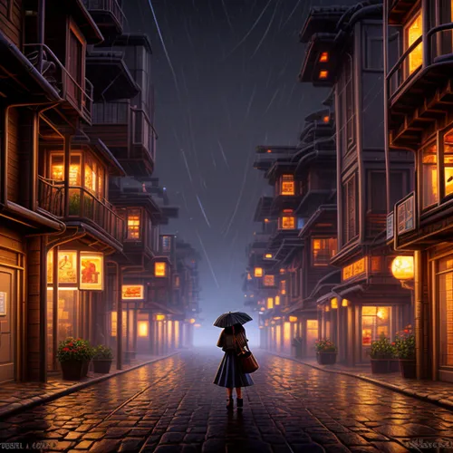 pixel art 05,little girl with umbrella,walking in the rain,girl walking away,rainy,japanese umbrellas,rainy day,rainy season,heavy rain,kyoto,world digital painting,japanese architecture,rainstorm,in 