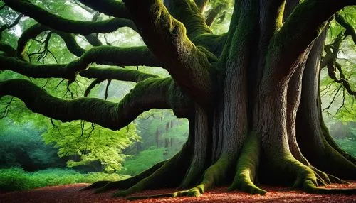 Majestic tree, ancient, giant trunk, twisted branches, leafy canopy, dappled shade, intricate bark texture, forest floor, misty atmosphere, morning dew, warm sunlight filtering through leaves, nature'