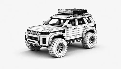 A colorful toy brick representation of a modern, rugged SUV with pronounced wheel arches, large off-road tires, and a roof rack. The design elements should be carefully assembled using different shape