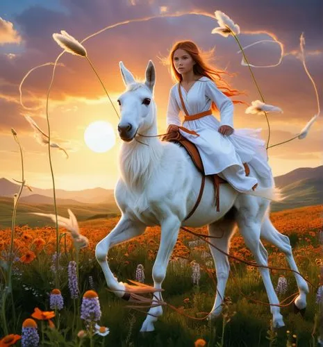 In a surreal landscape, a hero with a white robe and a white saddle in one hand moves slowly through a field of wildflowers. The creature's fur is a mix of orange and brown, and its eyes seem to gaze 