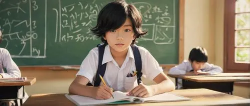 Young Shujinko, boy, elementary school student, bright curious eyes, messy black hair, small nose, white shirt, dark blue shorts, backpack, holding a pencil case, sitting on a chair, classroom, wooden