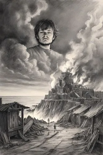 el salvador dali,mount vesuvius,surrealism,photomontage,vesuvius,little girl in wind,surrealistic,meteora,charcoal drawing,maelstrom,pencil drawings,jacob's ladder,the wind from the sea,kings landing,gray-scale,pencil and paper,dali,dante's inferno,apocalypse,dornodo,Digital Art,Pencil Sketch