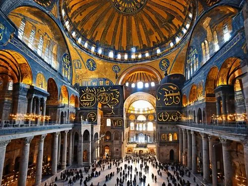 Byzantine architecture, Hagia Sophia, Istanbul, Turkey, grand dome, intricate mosaics, golden accents, ornate marble columns, vaulted ceilings, Byzantine crosses, arches, majestic entrance, Ottoman in