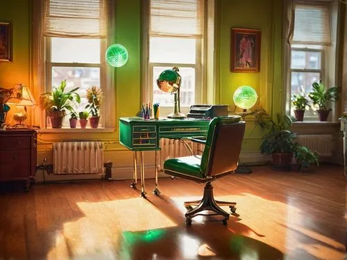 ekornes,the living room of a photographer,brighthouse,barbers chair,salon,green balloons,barber beauty shop,hairdressing salon,verde,lachapelle,retro lamp,kienholz,greenglass,therapy room,green,barber shop,bureau,green electricity,solarium,director desk,Illustration,Realistic Fantasy,Realistic Fantasy 38