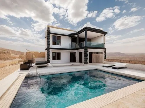 Traditional Jordanian house with white and black stone cladding neat and clean on a mountaion,judaean desert,luxury property,dunes house,holiday villa,modern house,luxury home,beautiful home,luxury re