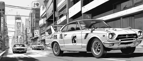 Sketch an epic manga panel featuring a car chase in Tokyo, with a Nissan Skyline and a Honda GTR, Japanese captions.,ford,datsun truck,mitsuoka viewt,city car,fiat 1100,auto union,ford lightning,austi