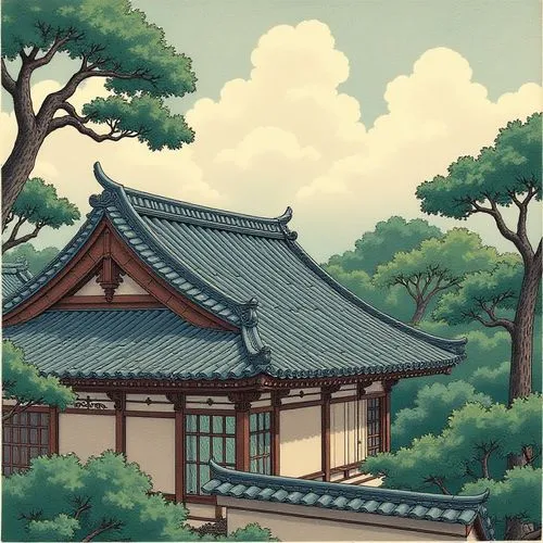 ukiyoe,cool woodblock images,teahouse,roof landscape,japanese art,japanese shrine