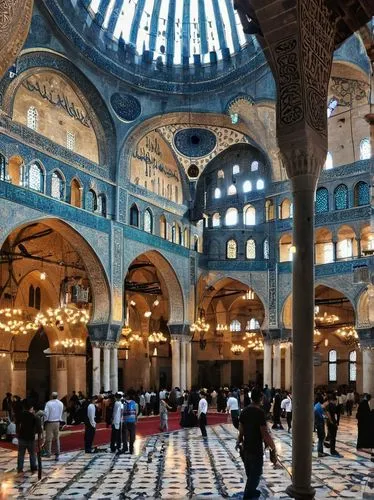 Ottoman Turkish architecture, grand mosque, intricate Islamic patterns, arched windows, minarets, domed roofs, vibrant turquoise tiles, detailed stone carvings, golden decorations, prayer rugs, ornate