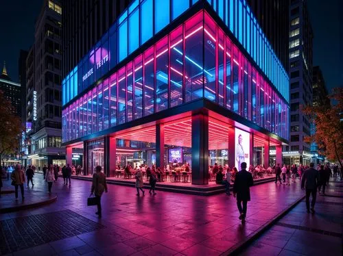 luminato,night view of red rose,mvrdv,zeil,hongdan center,glass building,artium,kabukicho,nightclub,sanlitun,colored lights,costanera center,aotea,vivid sydney,urbis,city corner,cornerhouse,aoyama,bgc,potsdamer platz