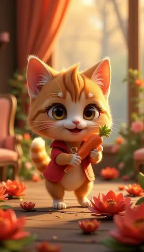 flower cat,alvin,red tabby,cute cartoon character,blossom kitten,singa