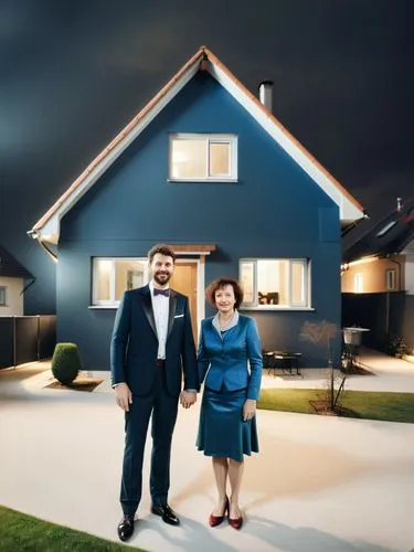 Mr. and Mrs. Maurer in front of their German single-family home bungalow in the city.,man and woman standing in front of their home,homebuyers,home ownership,estate agent,homeowners,house sales,homebu