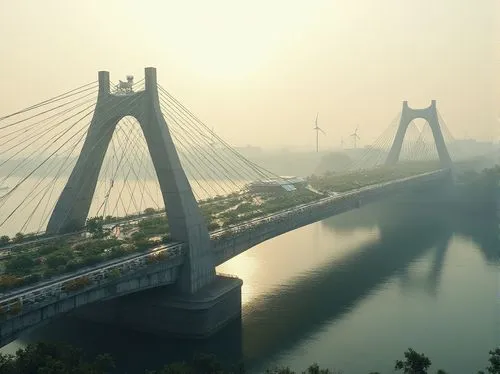 Eco-friendly bridge, curved steel arches, cable-stayed suspension, green roofs, solar panels, wind turbines, water conservation systems, recycled concrete materials, minimalist design, angular lines, 