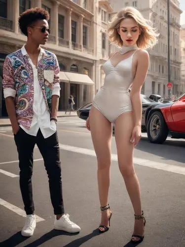 Two young people of mixed gender,a person in a white body suit standing next to a man,makonnen,iskra,partition,loboda,minogue,formichetti