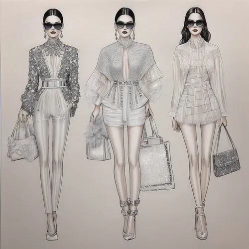 fashion illustration Vittoria Ceretti full-length, in Givenchy style, colored pencils, attention to detail, glitter, sequins, atmospheric, feminine, contemporary fashion, couture, illustration style A