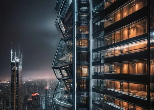 Modern adn architecture, futuristic skyscraper, sleek glass façade, silver steel beams, angular geometric shapes, neon lights embedded in walls, towering high-rise building, urban cityscape, nighttime