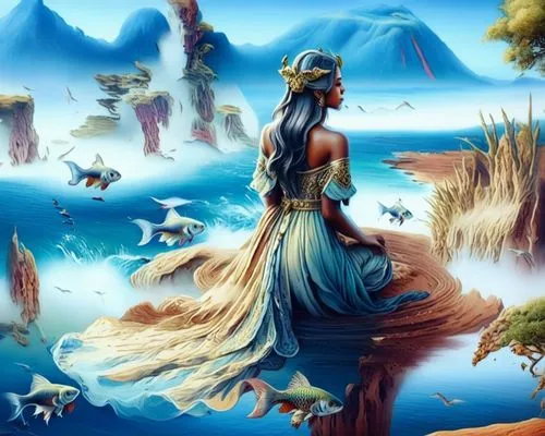 a painting of a woman in dress looking over a lake,mermaid background,fantasy picture,amphitrite,nereids,fantasy art,atlantica,Illustration,Realistic Fantasy,Realistic Fantasy 15