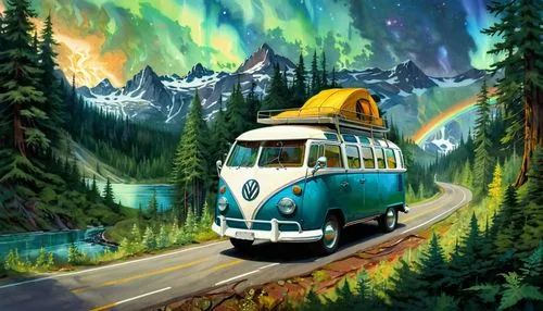 Double exposure 1955 VW T1 Bus camping edition on highway through autom forest in Canada,  water color cinematic brilliant intricate, fantasy, Greg rutkowski, hyperdetailed, trending, Unreal, volumetr