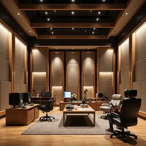 Modern recording studio, sound-absorbing acoustic panels, wooden frames, soft fabric wraps, minimalist design, neutral color palette, professional audio equipment, microphones, headphones, soundboards