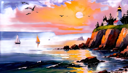 coastal landscape,world digital painting,landscape background,nubble,cliffs ocean,sea landscape,coast sunset,cliffs,coastline,seascape,fantasy landscape,lighthouse,cliff coast,beach landscape,watercolor background,gulls,flying sea gulls,digital painting,an island far away landscape,puffins,Conceptual Art,Oil color,Oil Color 20