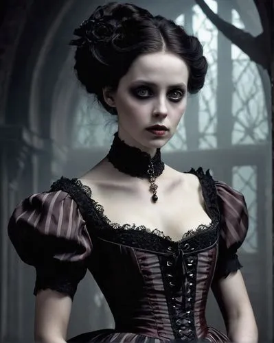 Victoria Everglot has a pale, translucent complexion, with a matte and opaque appearance that enhances her ghostly presence. She has dark brown hair that is tied up. Big, sad eyes. She has a haggard e