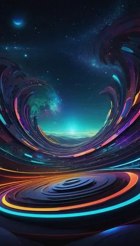 Vibrant digital art, futuristic abstract, glowing neon lights, swirling shapes, intricate patterns, mesmerizing colors, 3D modeling, surreal landscape, distant galaxies, shimmering stars, misty atmosp