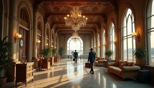 Rural airport, Baroque style, luxurious interior, grand chandelier, intricate wooden carvings, ornate ceiling, marble floor, elegant waiting area, plush sofas, velvet curtains, vintage luggage carts, 