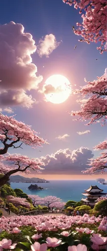 whimsical photorealistic final render of  apanese countryside, spaceship landing, background seaside in Kamakura, girls playing under cherry trees blosom, wind swaying petals , cumulus nimbus clouds, 