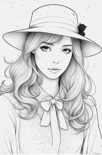 a pencil drawing of a girl with a hat on her head,camie,straw hat,girl wearing hat,fashion vector,peignoir,vintage girl,Design Sketch,Design Sketch,Detailed Outline