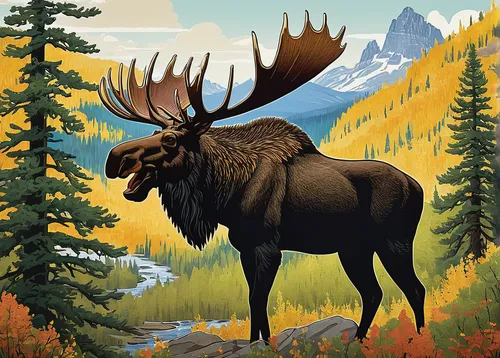 Write a thrilling story set in the Wyoming wilderness, where a massive bull moose reigns as king of the forest.,bull moose,elk,moose,elk bull,bull moose at gros ventre,elk reposing on lateral moraine,