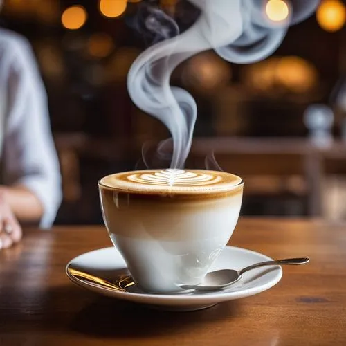 "closeup of a little kintsugi porcelain cup of coffee with latte art, with the steam rising from it transforming into a huge graceful steam-like figure of grandmother made of smoke and clouds, white, 