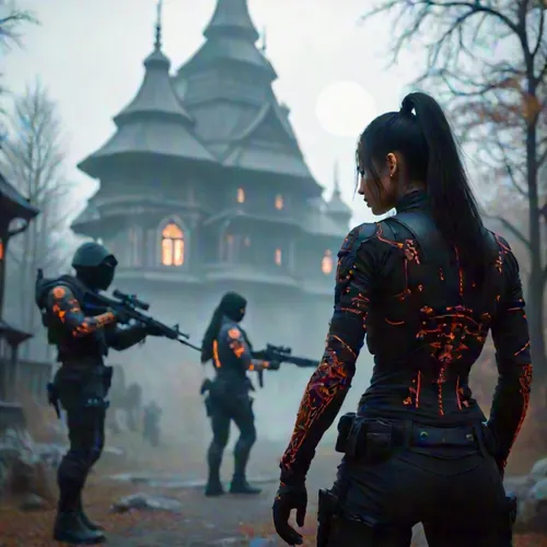 a group of people dressed in futuristic outfits and holding weapons,ubisoft,kru,syleena,mira,mercenaries,vigil