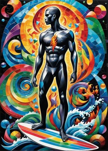 dr. manhattan,silver surfer,psychedelic art,ego death,mind-body,aquarius,primitive man,earth chakra,astral traveler,magneto-optical disk,andromeda,poseidon,surya namaste,dimensional,sea man,global oneness,surfer,atom,surfers,consciousness,Art,Artistic Painting,Artistic Painting 45