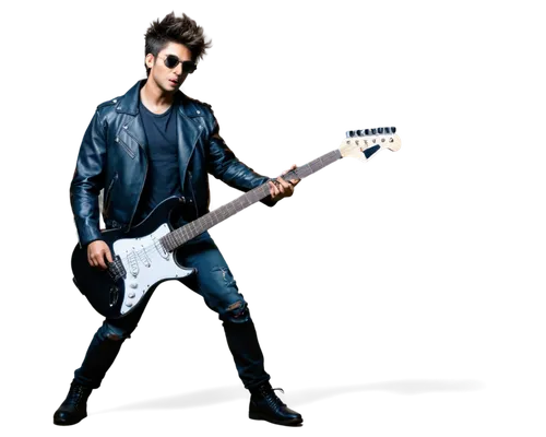 Rock musician, male, energetic pose, black leather jacket, ripped jeans, electric guitar, messy hair, sunglasses, bold makeup, confident facial expression, spotlight, stage, dark background, high cont