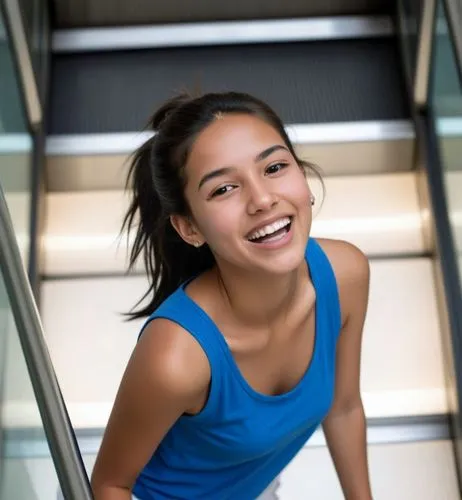 A candid, amateur photo of an 18-year-old Moroccan girl with black hair tied in a slightly messy ponytail, casually descending an escalator in a luxurious shopping mall. She is laughing, holding brand