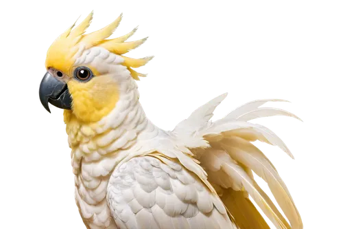 Sulphur-crested Cockatoo, white feathers, yellow crest, black beak, vibrant eyes, perched, solo, studio background, softbox lighting, 3/4 composition, shallow depth of field, warm color tone, cinemati