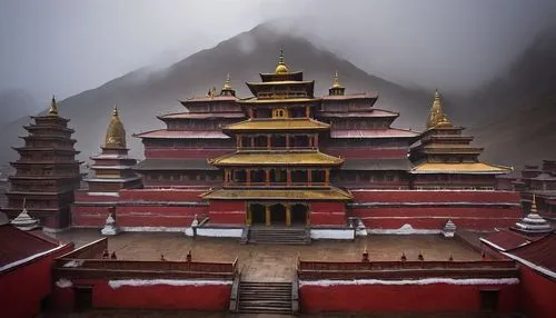 Tibetan Buddhist (TBD) architecture, grand temple, vibrant red walls, golden roofs, intricate carvings, colorful prayer flags, towering stupas, majestic pillars, ornate doorways, serene courtyard, sur