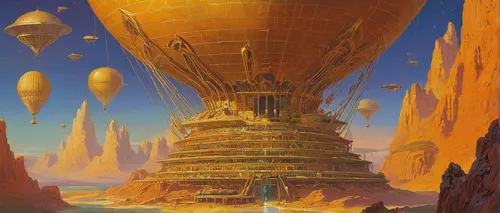 airships,dune,airship,futuristic landscape,ancient city,golden scale,tower of babel,dune 45,citadel,vast,gas planet,valerian,fantasy city,metropolis,sci fiction illustration,zeppelins,hub,pyramids,kharut pyramid,zeppelin,Conceptual Art,Sci-Fi,Sci-Fi 19