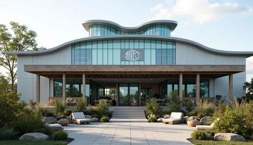 Wave-inspired rooflines, ocean-blue tinted glass, corrugated metal panels, weathered wooden accents, nautical-themed signage, beachy landscaping, salty air atmosphere, misty morning light, shallow dep