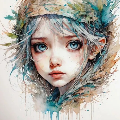 kommuna,fairie,hoshihananomia,schierke,watercolor blue,krita,fantasy portrait,mystical portrait of a girl,faery,illustrator,little girl in wind,royo,watercolor,fae,schierholtz,water colors,watercolor painting,amano,girl portrait,watercolors,Illustration,Paper based,Paper Based 13