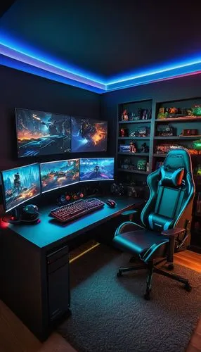 game room,computer desk,computer room,little man cave,computer workstation,desk,monitor wall,great room,secretary desk,creative office,home office,setup,modern office,fractal design,working space,colored lights,modern room,gamer zone,work space,cable management,Illustration,Realistic Fantasy,Realistic Fantasy 29